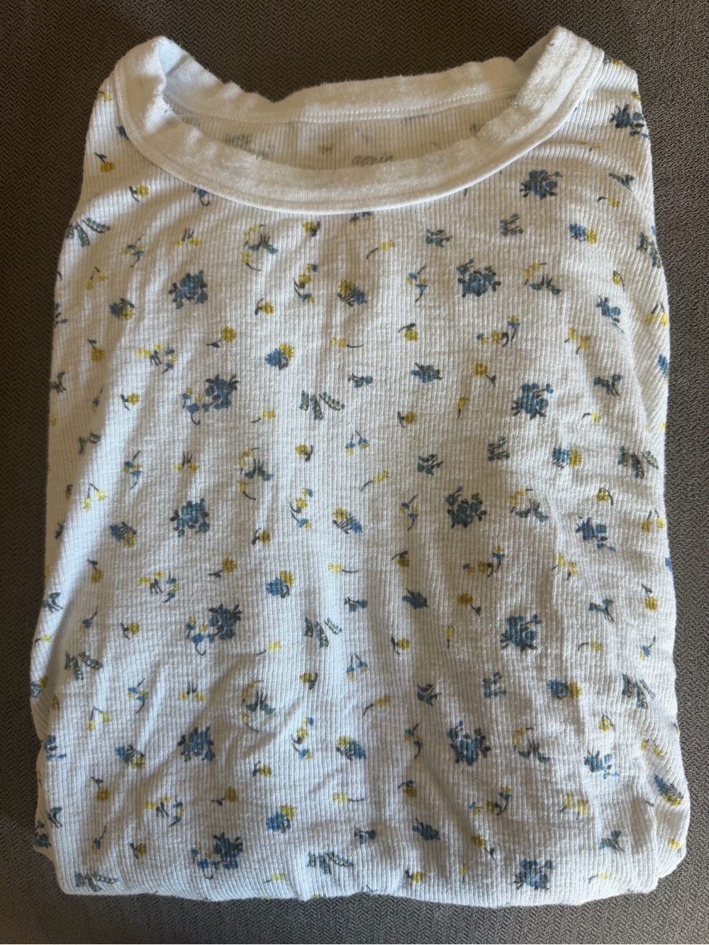 aerie White Long-Sleeve Ribbed Floral Tee with Blue & Yellow Print